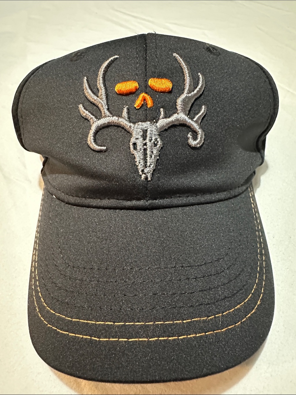 Men's Black Embroidered Skull & Antler Cap with Orange Accents S/M